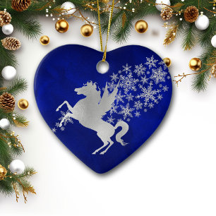 Ornamento De Cerâmica Blue Silver Snowflake Unicorn Personalizado