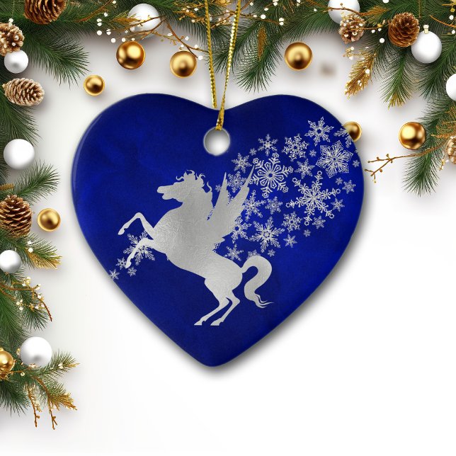 Ornamento De Cerâmica Blue Silver Snowflake Unicorn Personalizado (Criador carregado)