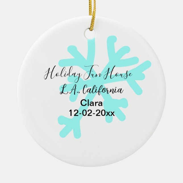 Ornamento De Cerâmica Blue snowflakes holiday camping house place date (Frente)