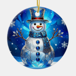 Ornamento De Cerâmica Blue Snowman Snowflakes Holiday Ornament