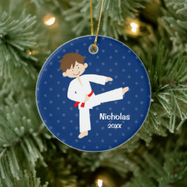 Ornamento De Cerâmica Blue Stars Red Belt Taekwondo Boy Personalizado