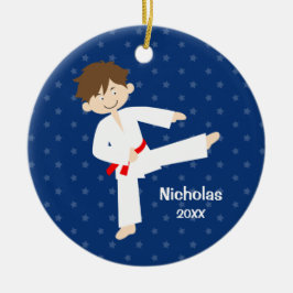 Ornamento De Cerâmica Blue Stars Red Belt Taekwondo Boy Personalizado