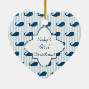 Ornamento De Cerâmica Blue Stripes and Whales Baby's First Christmas Cer
