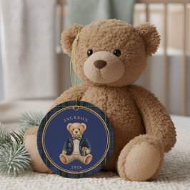 Ornamento De Cerâmica Blue Tartan Plaid | Christmas Teddy Bear