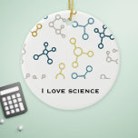 Ornamento De Cerâmica Blue Yellow Science Chemistry Molecules Natal<br><div class="desc">Enfeites de natal para amantes da ciência. O fundo é um padrão de moléculas em cinzas,  azul e amarelo. Presente perfeito para estudantes de ciência,  biólogos,  químicos,  pesquisadores e técnicos. O sentimento diz "Eu amo ciência" mas você pode mudá-la para sua própria mensagem personalizada.</div>