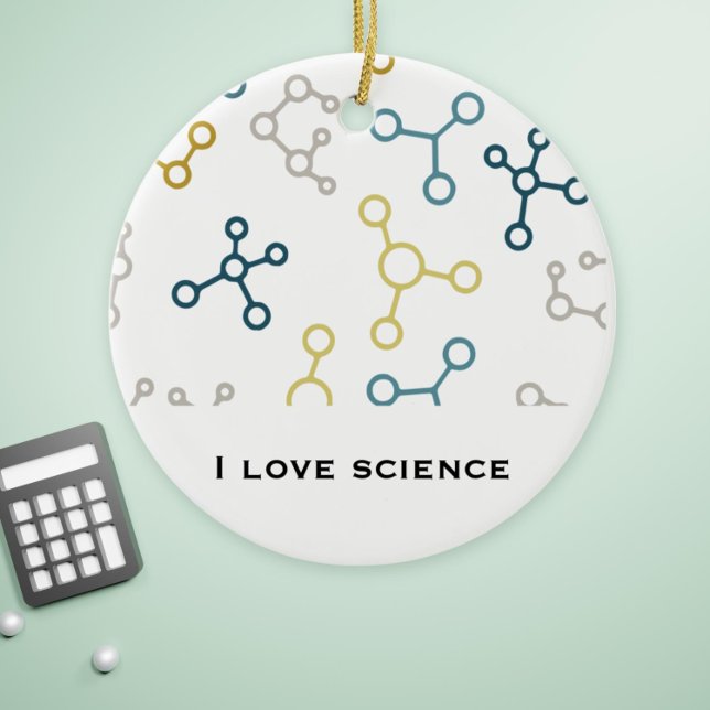 Ornamento De Cerâmica Blue Yellow Science Chemistry Molecules Natal (Simple molecule pattern I love science christmas ornament for chemists, biologist and researchers)