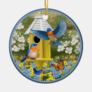 Ornamento De Cerâmica Bluebird e Birmanês Amarelo Alto