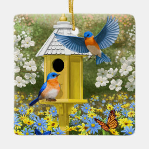 Ornamento De Cerâmica Bluebird e Birmanês Amarelo Alto