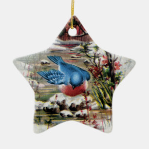Ornamento De Cerâmica Bluebirds no natal vintage do inverno
