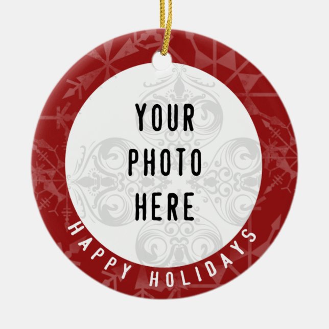 Ornamento De Cerâmica Boas festas floco de neve do vermelho de 2 fotos (Frente)