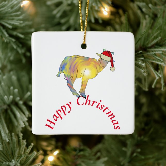 Ornamento De Cerâmica Bode feliz de Natal com chapéu de Papai Noel  (Árvore)