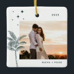 Ornamento De Cerâmica Bohemian Beach Palm Tree Foto Cerâmica<br><div class="desc">Palmeira boêmica e estrelas,  ornamento de fotos de férias em verde-esmeralda rústico.</div>