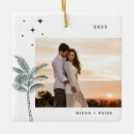 Ornamento De Cerâmica Bohemian Beach Palm Tree Foto Cerâmica<br><div class="desc">Palmeira boêmica e estrelas,  ornamento de fotos de férias em verde-esmeralda rústico.</div>