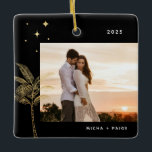 Ornamento De Cerâmica Bohemian Beach Palm Tree Foto Cerâmica<br><div class="desc">Palmeira e estrelas de praia boêmicas,  ornamento fotográfico em folha de ouro falso e preto.</div>