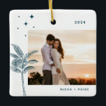 Ornamento De Cerâmica Bohemian Beach Palm Tree Foto Cerâmica<br><div class="desc">Palmeira boêmica e estrelas,  ornamento de fotos de férias em verde-rústico.</div>