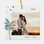 Ornamento De Cerâmica Bohemian Beach Palm Tree Foto Cerâmica<br><div class="desc">Palmeira boêmica e estrelas,  ornamento de fotos de férias em verde-rústico.</div>