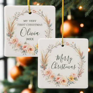 Ornamento De Cerâmica Boho Baby First Felry Christmas Wildflower