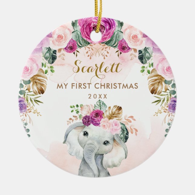 Ornamento De Cerâmica Boho Floral Elephant Girl Baby 1rua Natal (Frente)