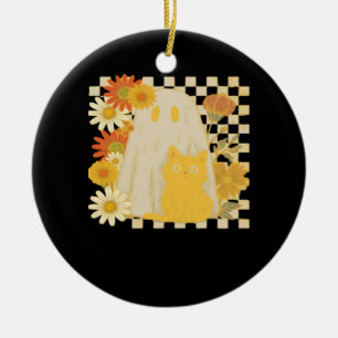 Ornamento De Cerâmica Boho Floral Outono Fantasma e Gato Preto Halloween