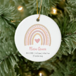 Ornamento De Cerâmica Boho Rainbow Girl Stats Foto de Natal<br><div class="desc">O Primeiro Ornamento de Natal do Bebê Bonito com um dentro cor-de-rosa de um arco-íris de bico, juntamente com o nome do bebê e as estatísticas de natalidade. O fundo tem sua foto favorita de recém-nascido. Este enfeite moderno faz um presente de Natal excelente para novos pais de uma menina....</div>