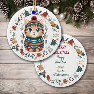 Ornamento De Cerâmica Boho Tabby Cat no Natal do Sweet de inverno