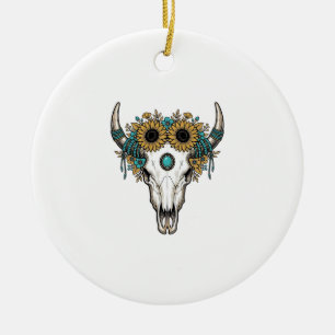 Ornamento De Cerâmica Boho Touro Caveira Girassol Vintage Western Gravaç