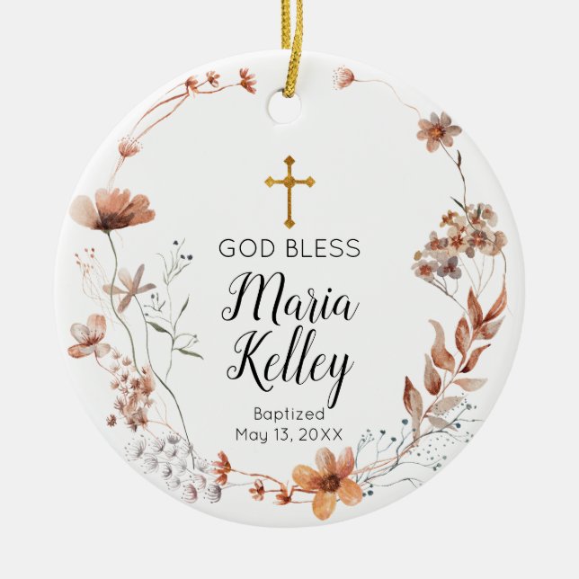 Ornamento De Cerâmica Boho Wildflower Floral Personalised Girl Baptism (Frente)