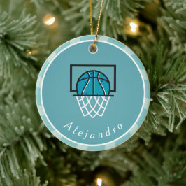 Ornamento De Cerâmica Bola Azul de Basquete e Treinador de Nome do Jogad