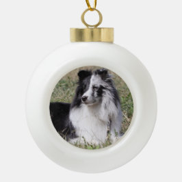 Ornamento De Cerâmica Bola Bi Merle azul Sheltie com cara da separação