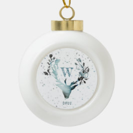 Ornamento De Cerâmica Bola Cabeça de Veado de Inverno Azul Prata Monograma de