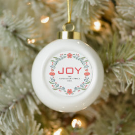 Ornamento De Cerâmica Bola Coroa Floral de Natal Joy Família Nome Personaliza