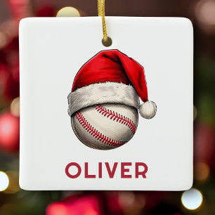 Ornamento De Cerâmica Bola de Beisebol Chapéu de Natal Vermelho Nome Nat