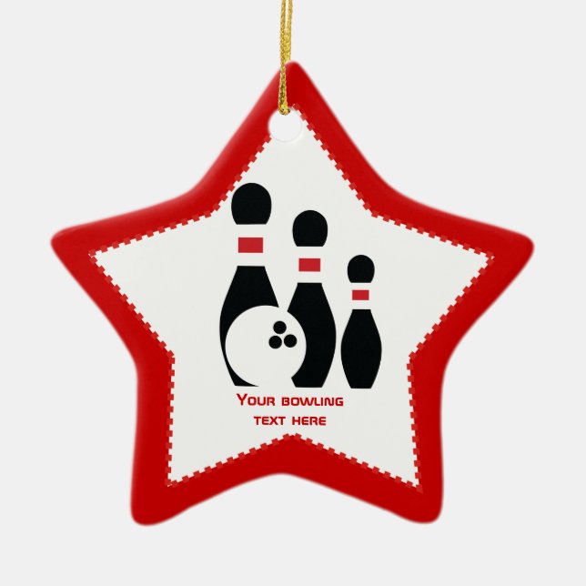 Ornamento De Cerâmica Bola de boliche e pinos vermelho preto personaliza (Frente)