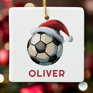 Ornamento De Cerâmica Bola de Futebol Bola Vermelha Chapéu de Papai Noel