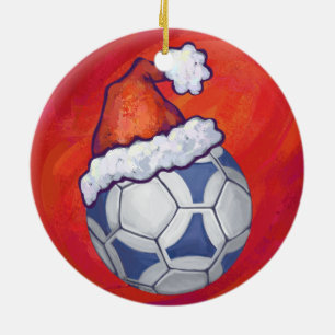 Ornamento De Cerâmica Bola de Futebol Festivo Azul e Branco em Vermelho