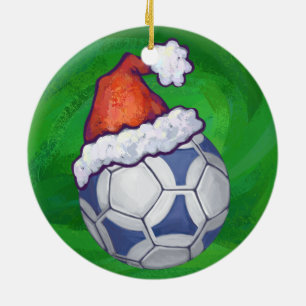 Ornamento De Cerâmica Bola de Futebol Festivo Azul e Branco sobre Verde
