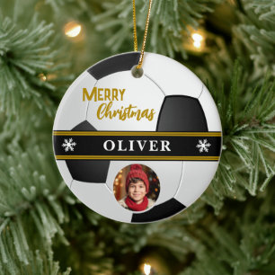 Ornamento De Cerâmica Bola de Futebol Nome Personalizado Feliz Natal Fot