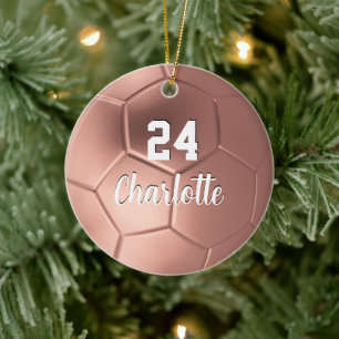 Ornamento De Cerâmica Bola de Futebol Rosa Dourado Feminina com Nome Per