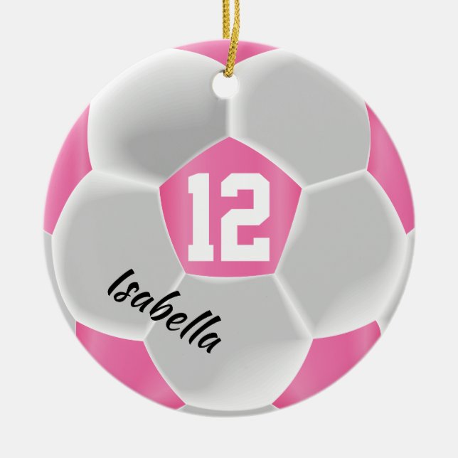 Ornamento De Cerâmica Bola de futebol rosa e branca ⚽ (Frente)