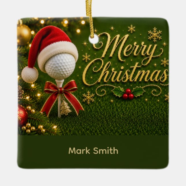 Ornamento De Cerâmica Bola de Golfe com Tema de Natal  (Frente)
