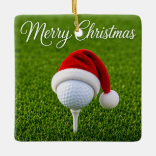 Ornamento De Cerâmica Bola de golfe de Natal com chapéu de Papai Noel em