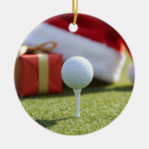 Ornamento De Cerâmica Bola de golfe de Natal com chapéu de Papai Noel em