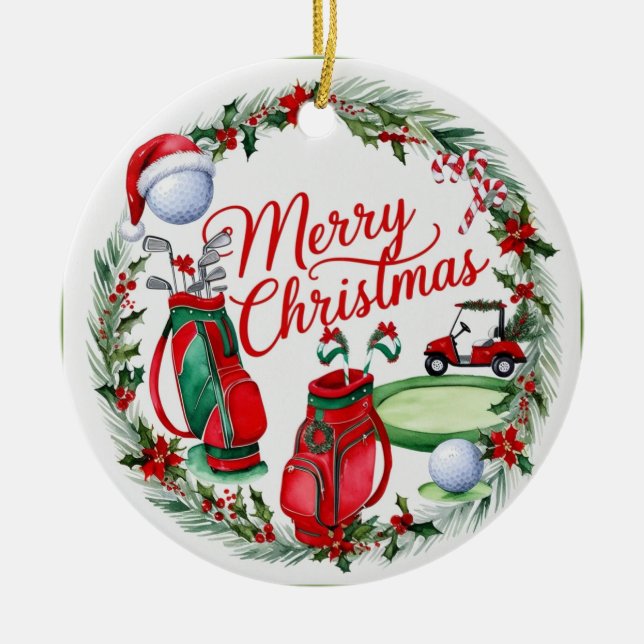 Ornamento De Cerâmica Bola de golfe e bolsa de Natal  (Frente)