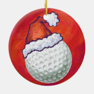 Ornamento De Cerâmica Bola de golfe no chapéu do papai noel no vermelho