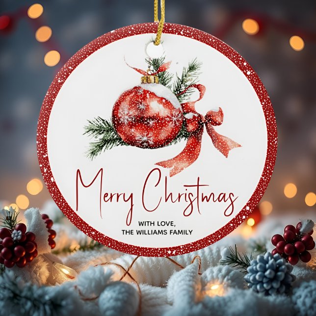 Ornamento De Cerâmica Bola de Natal com arco vermelho e ramos de abeto (Criador carregado)