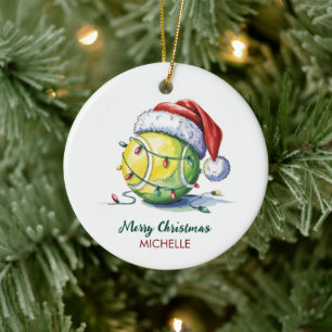 Ornamento De Cerâmica  Bola de Tênis com Chapéu de Papai Noel Natal Pers