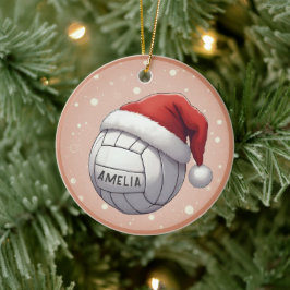 Ornamento De Cerâmica Bola de Volei com Nome de Chapéu de Papai Noel Nat