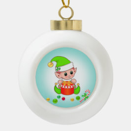 Ornamento De Cerâmica Bola Duende de Natal, Cana-de-Açúcar e Confetes em Azul