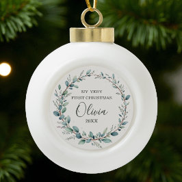 Ornamento De Cerâmica Bola Eucalyptus Baby Minimalista Primeiro Natal