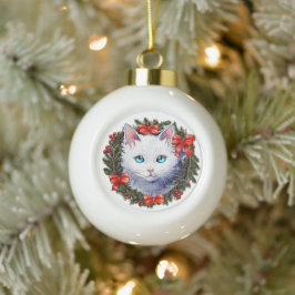 Ornamento De Cerâmica Bola Gato Branco na Pintagem de Aquarela de Natal,